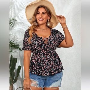 Plus Allover Floral Print Flounce Sleeve Peplum Blouse - SHEIN